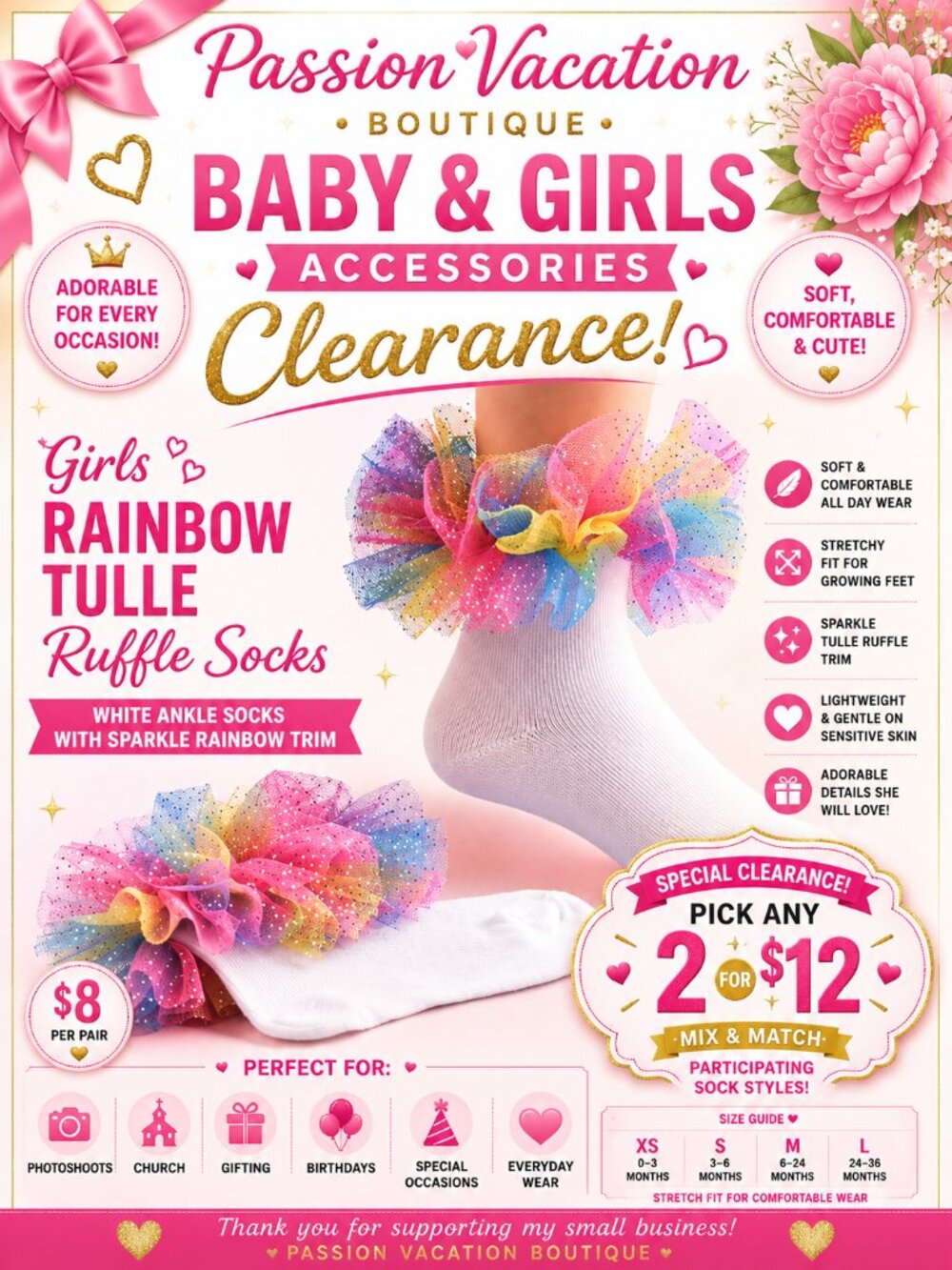 2/$12 Girls Rainbow Tulle Ruffle Socks | White Sparkle Ankle Socks